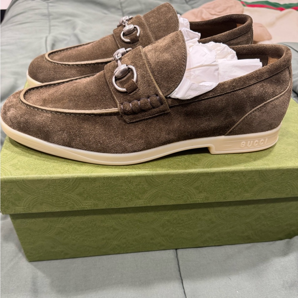 Gucci Konrad suede olive loafers men shoes